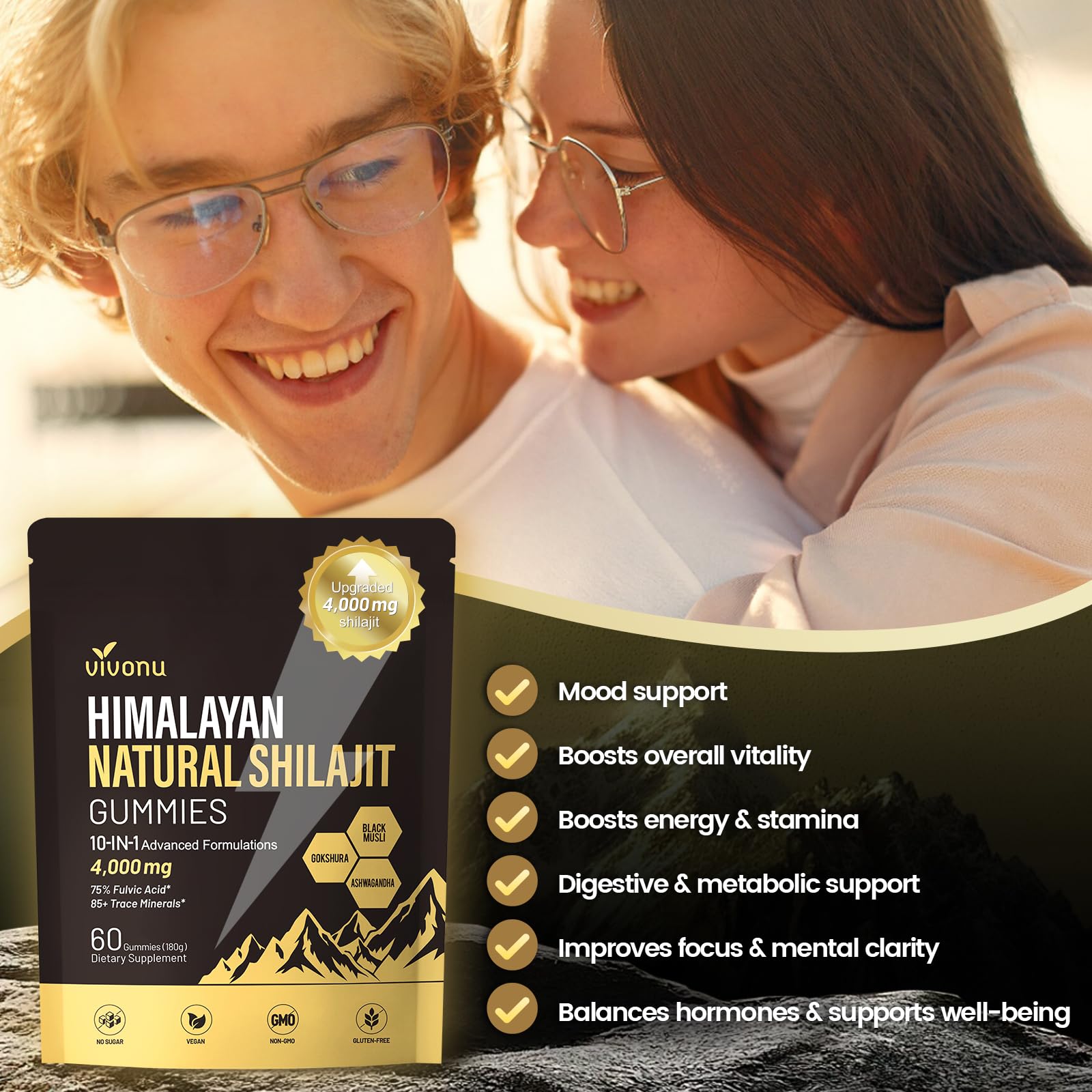 VivoNu Pure Himalayan Shilajit Gummies gummy detail captures color and texture.