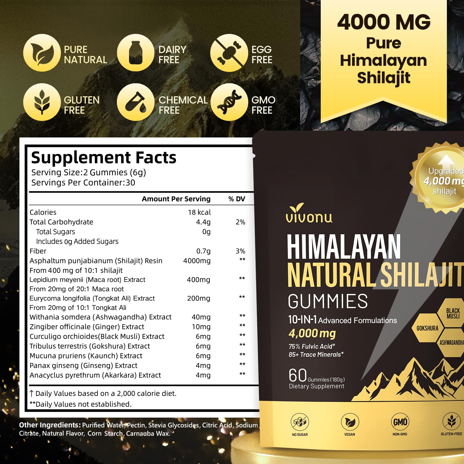 VivoNu Shilajit Gummies serving size image illustrates convenient snacks for wellness.