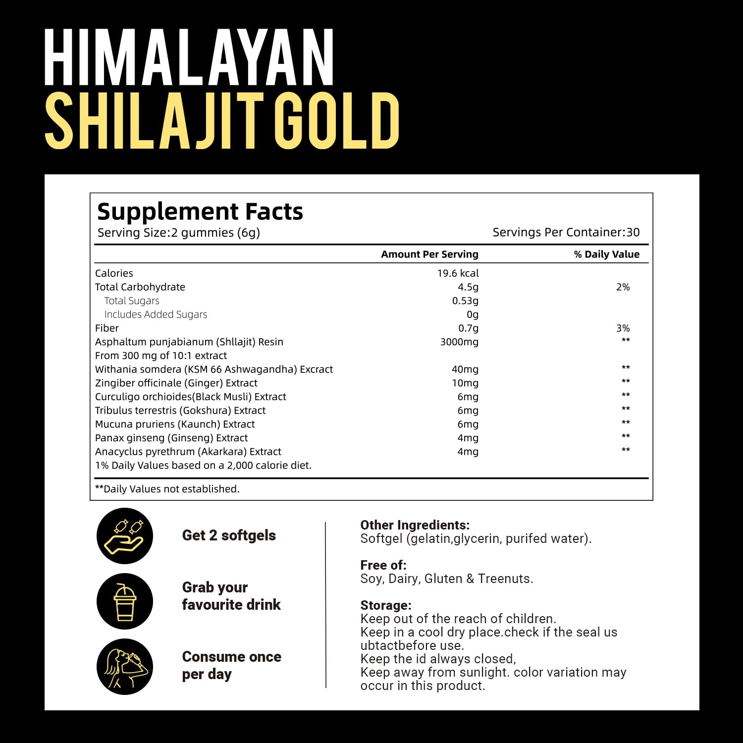 Nutrition label highlights minerals and fulvic acid.