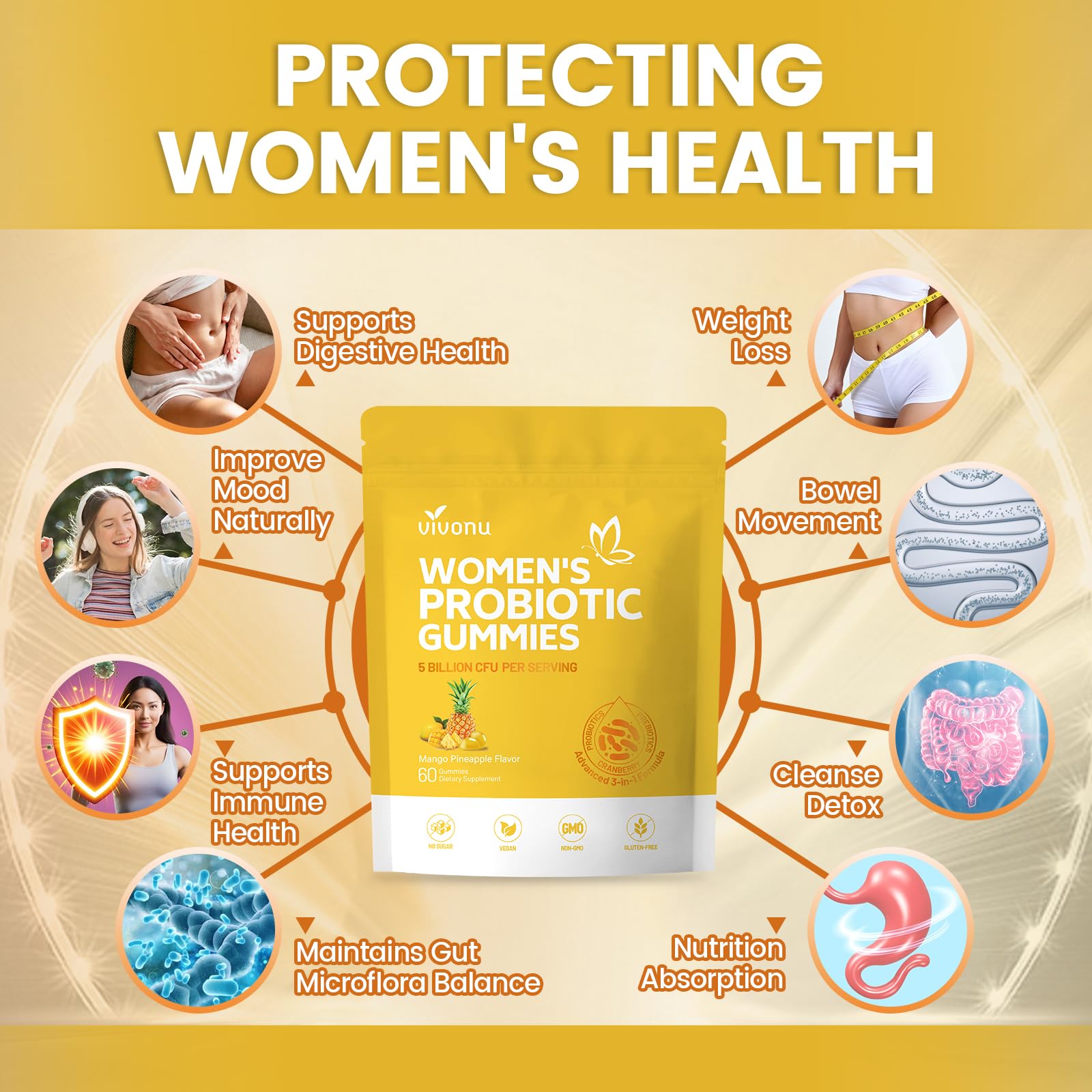 VivoNu Women probiotic gummies pack highlighted for vaginal balance and daily wellness.