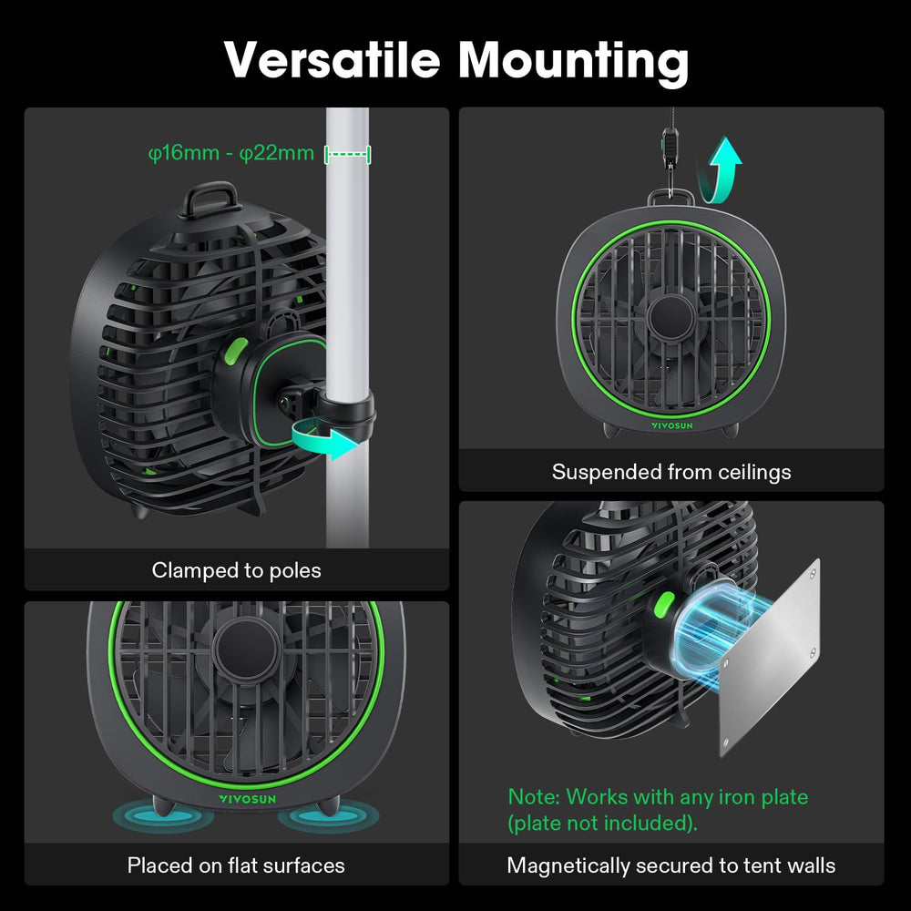 VIVOSUN AeroWave D4 four mounting options support versatile tent placement.