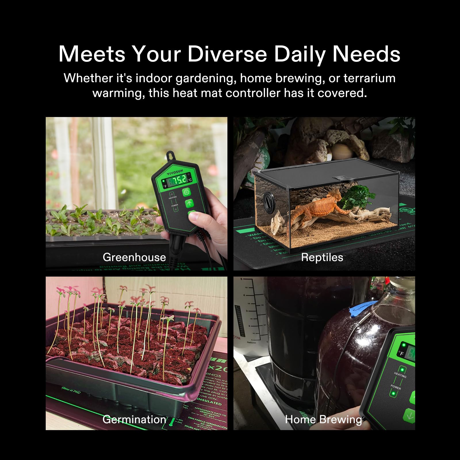 VIVOSUN thermostat with display showing Fahrenheit/Celsius switch for setups.