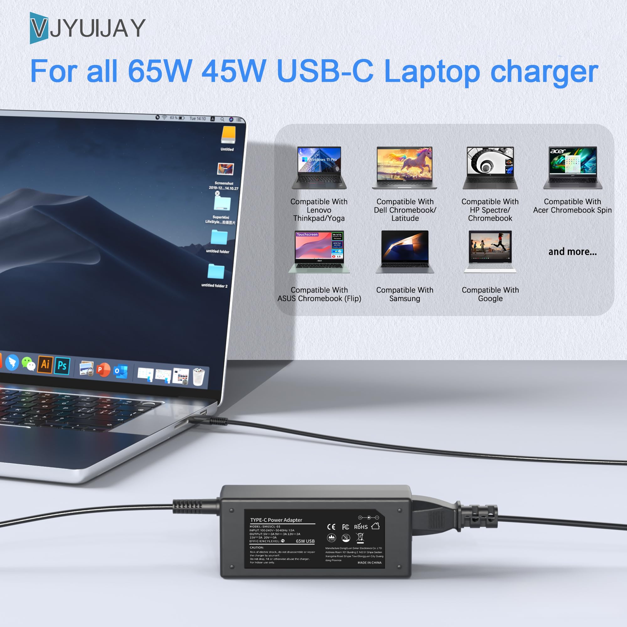 VJYUIJAY 65W charger travel-friendly design for on-the-go charging