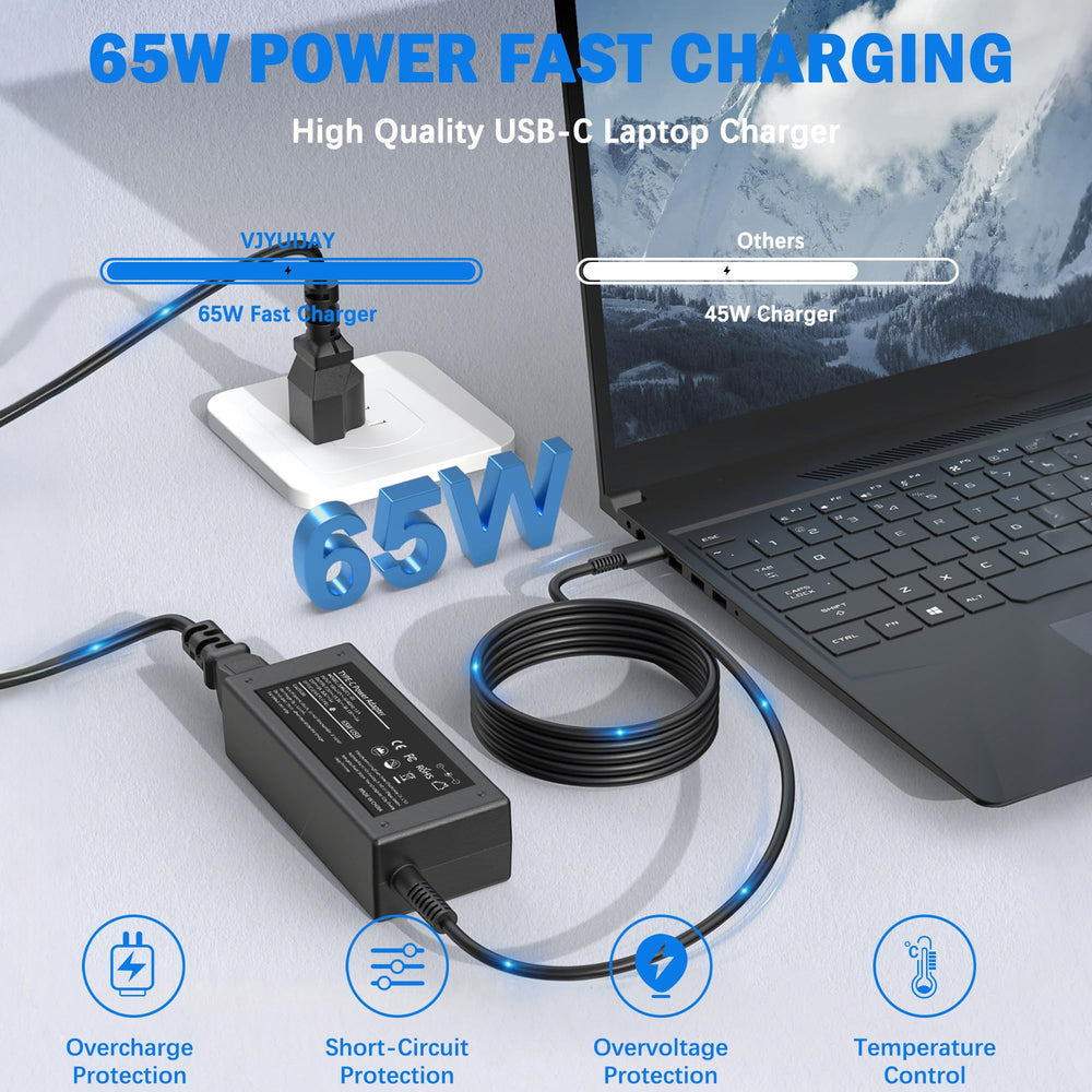 VJYUIJAY USB-C charger for Chromebooks delivers reliable Type-C power when travelling.