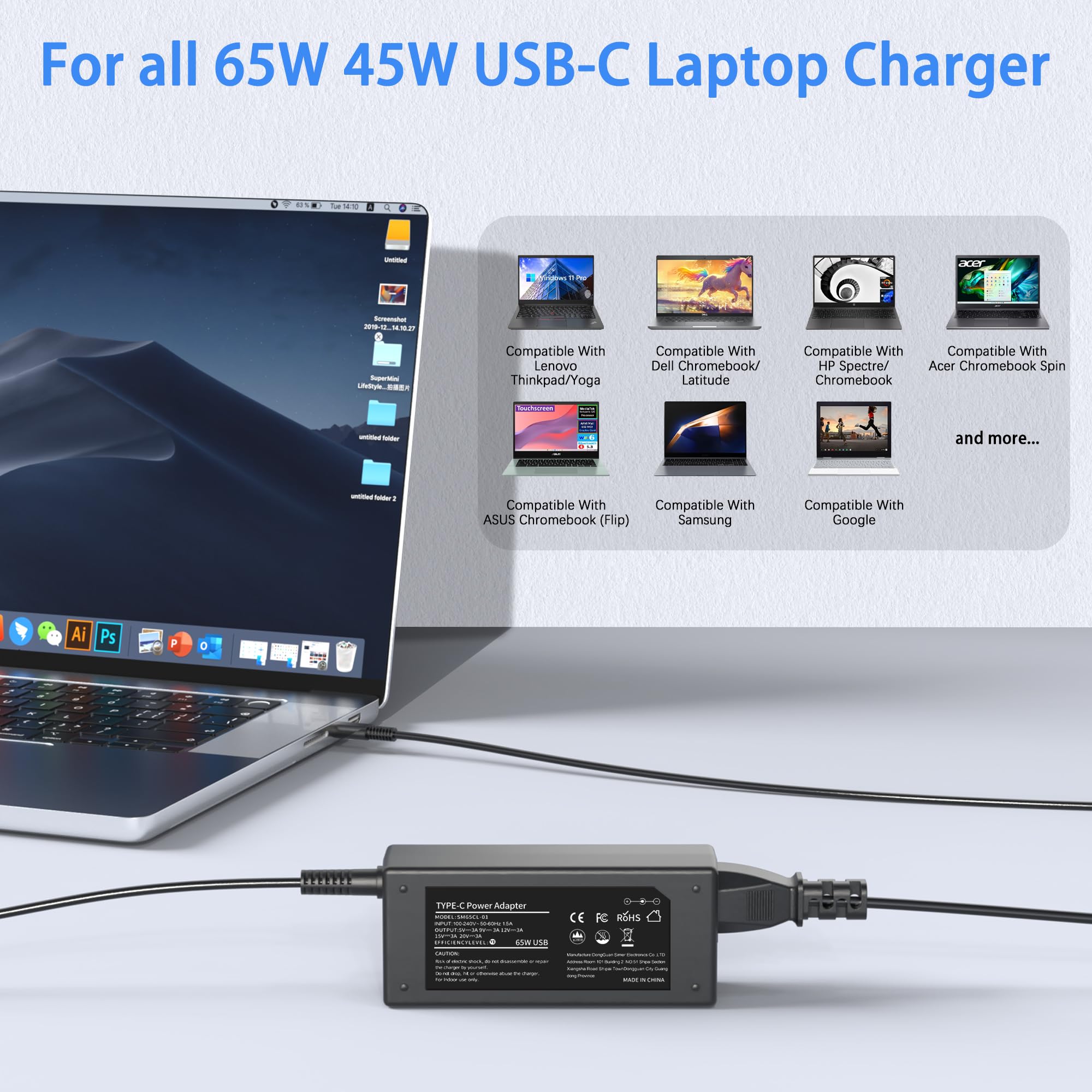 VJYUIJAY 65W charger with USB-C cable included for quick setup.