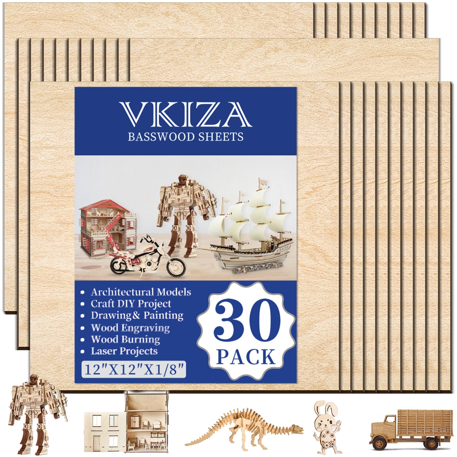 VKIZA 30-pack basswood sheets front view for crafts and laser cutting