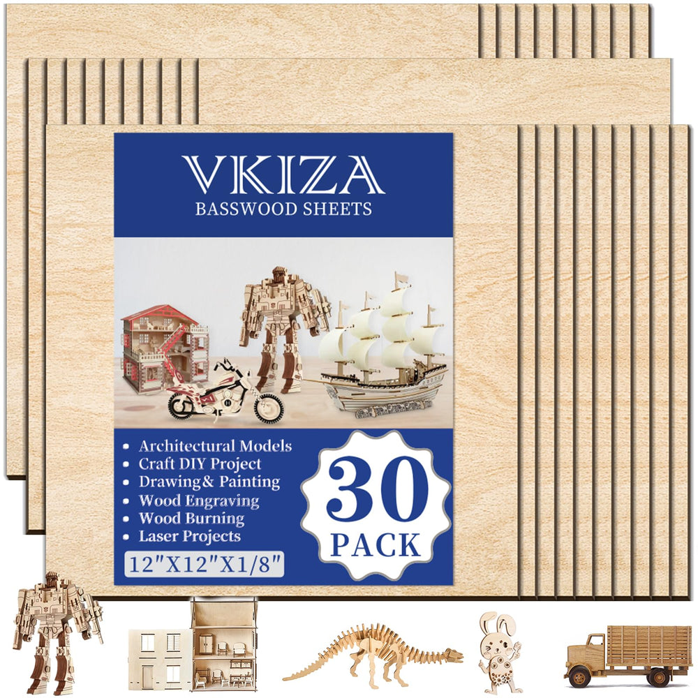 VKIZA 30-pack basswood sheets front view for crafts and laser cutting