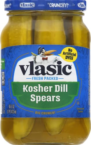 Vlasic Kosher Dill Spear Pickle jar closeup showing crisp slices.