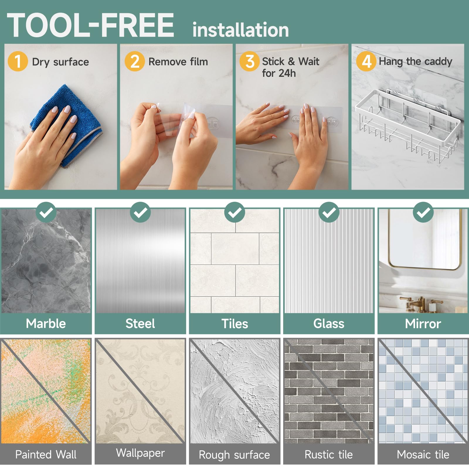 Veken no-drill installation with strong adhesive for quick setup
