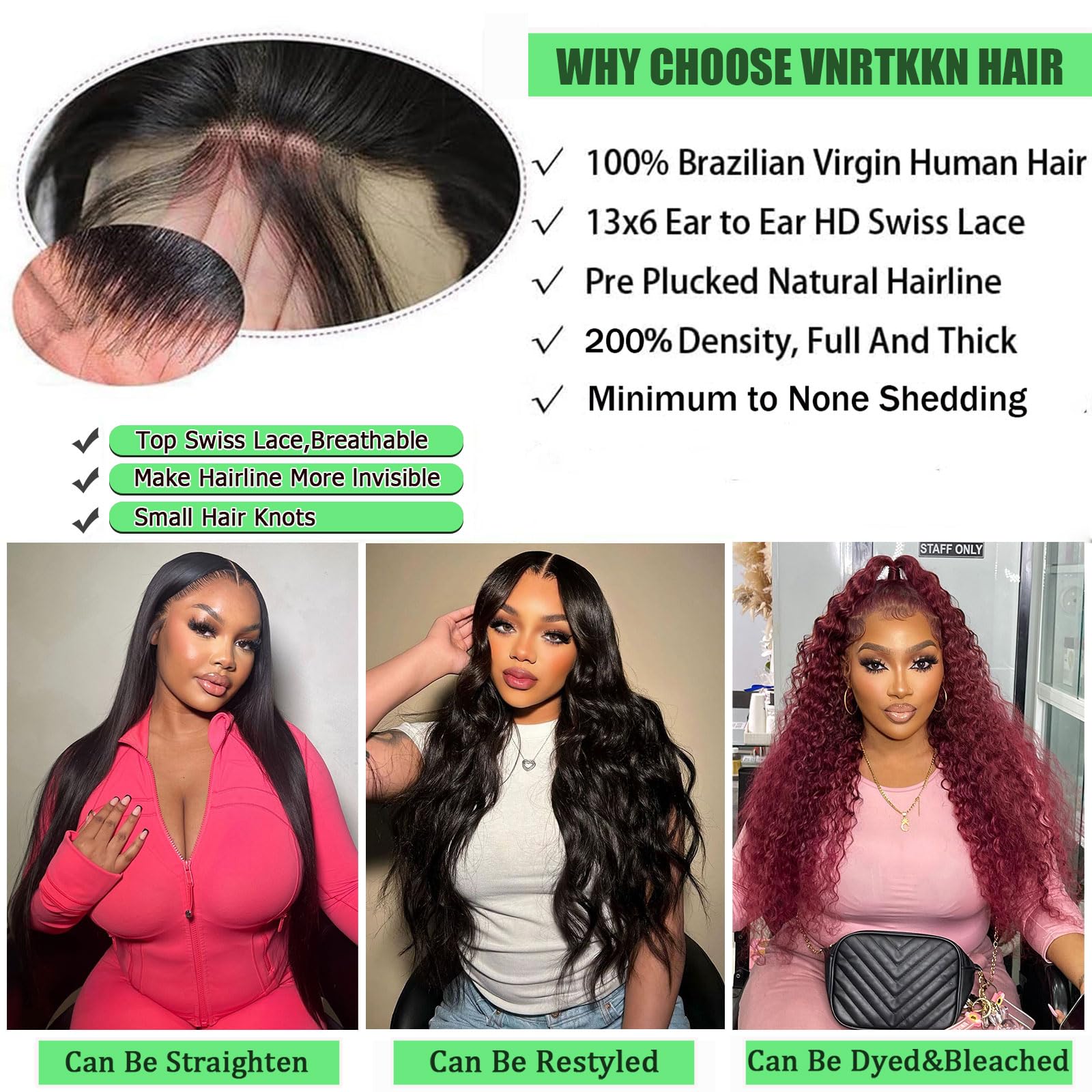 Vnrtkkn 13x6 lace front enables versatile parting and natural look.