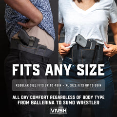 VN SH belly band features Velcro closure for secure, poke-free wear.