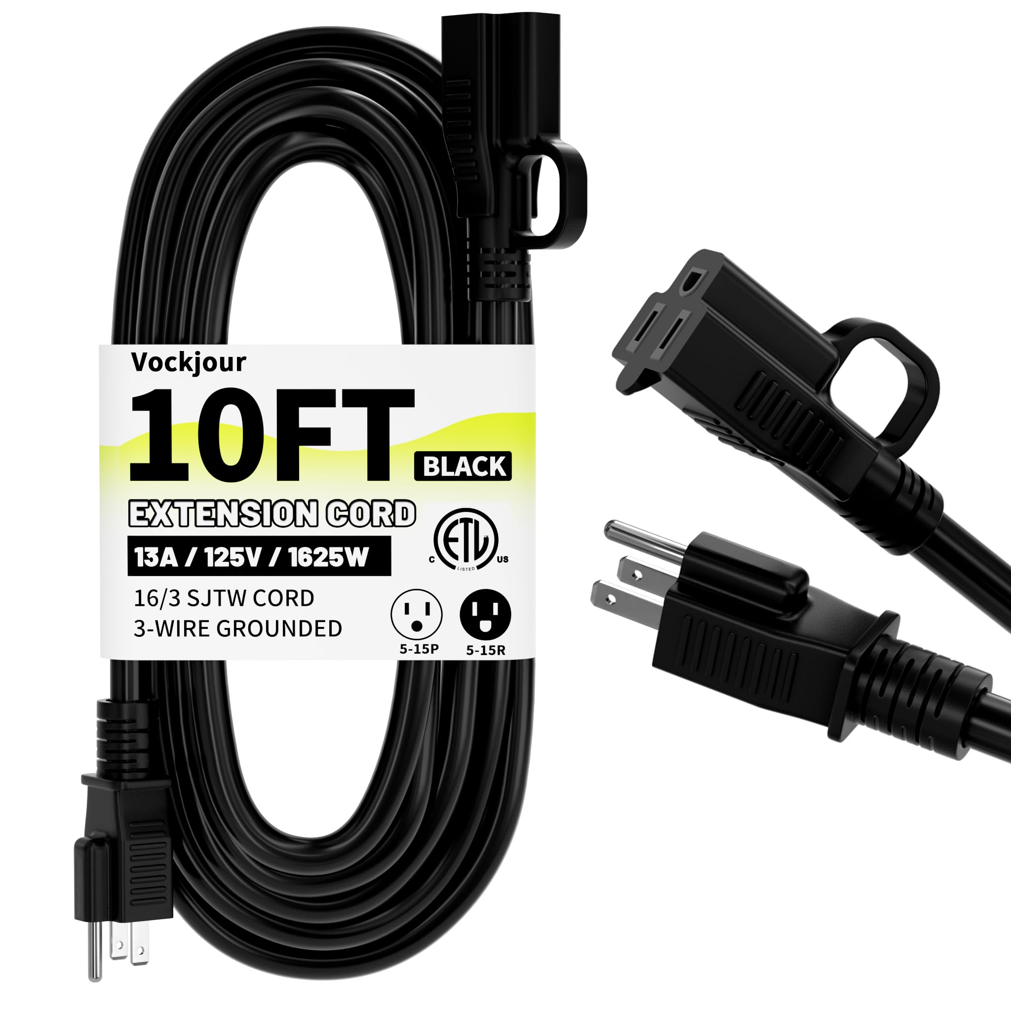 Vockjour 16/3 black extension cord, 10 ft, indoor and outdoor use.