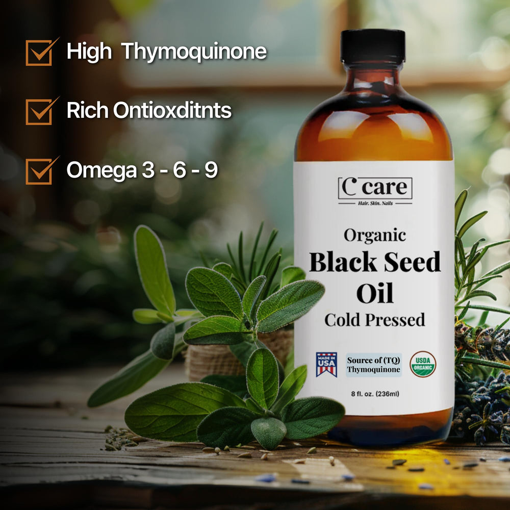 Vocks black seed oil label close-up shows organic quality and thymoquinone-rich formula.