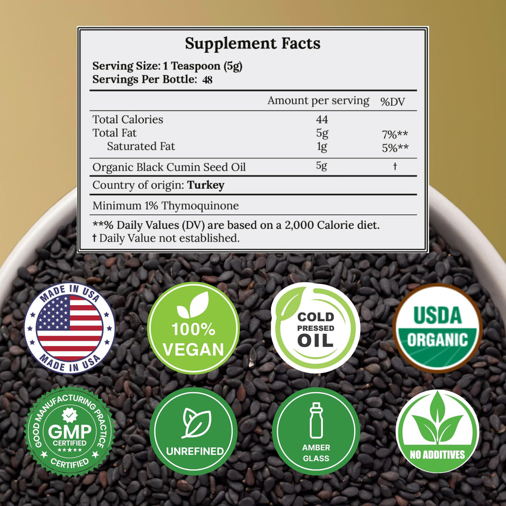 Vocks black seed oil pour ready to mix into smoothies for daily wellness.