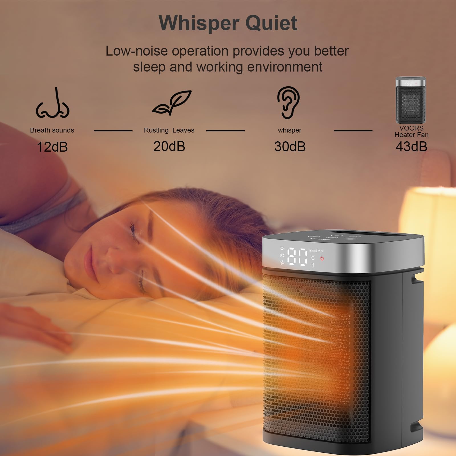 VOCRS 1500W space heater with safety protections including overheat and tip-over shut-off