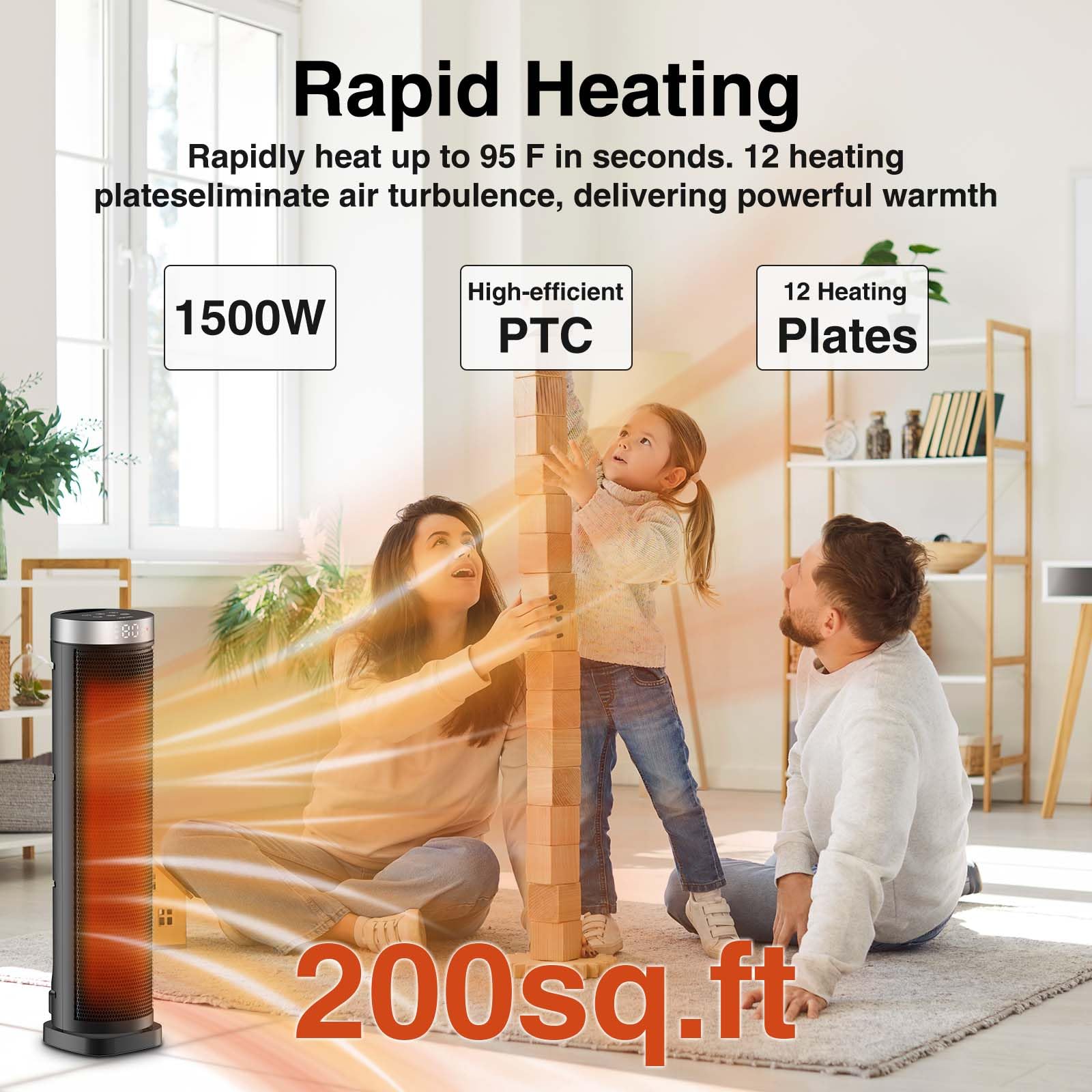 VOCRS space heater with 70-degree oscillation distributes warm air evenly.