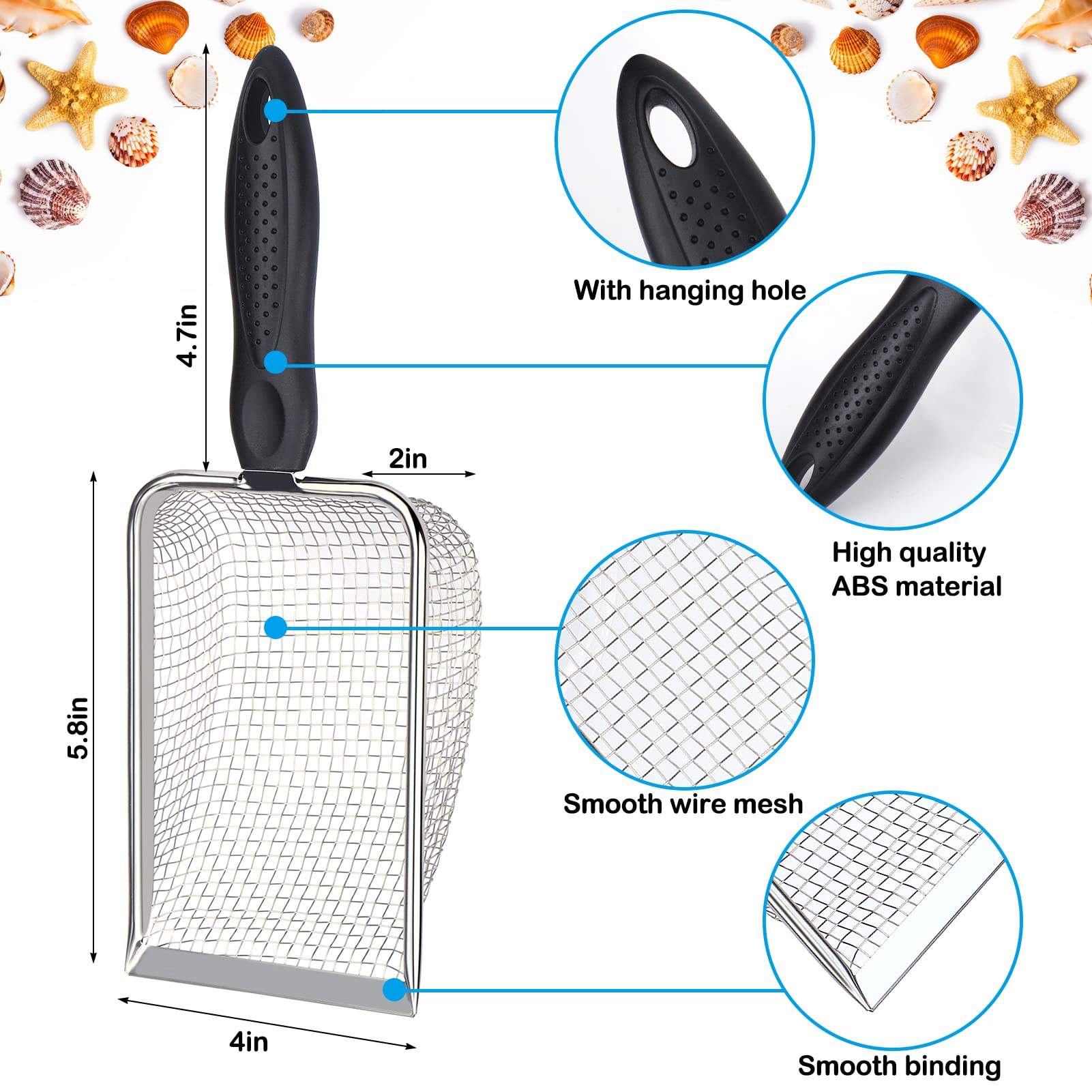 Vodolo sand filter shovel showing durable stainless grid