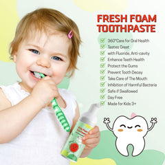 VOGSIG Kids Foam Toothpaste Strawberry flavor close-up highlights fluoride-free brushing for children.