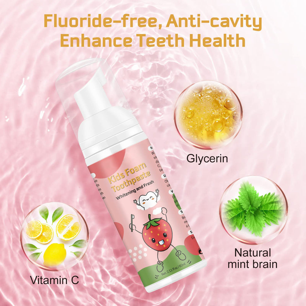 VOGSIG Kids Foam Toothpaste with U-shaped brush compatibility demonstrated.