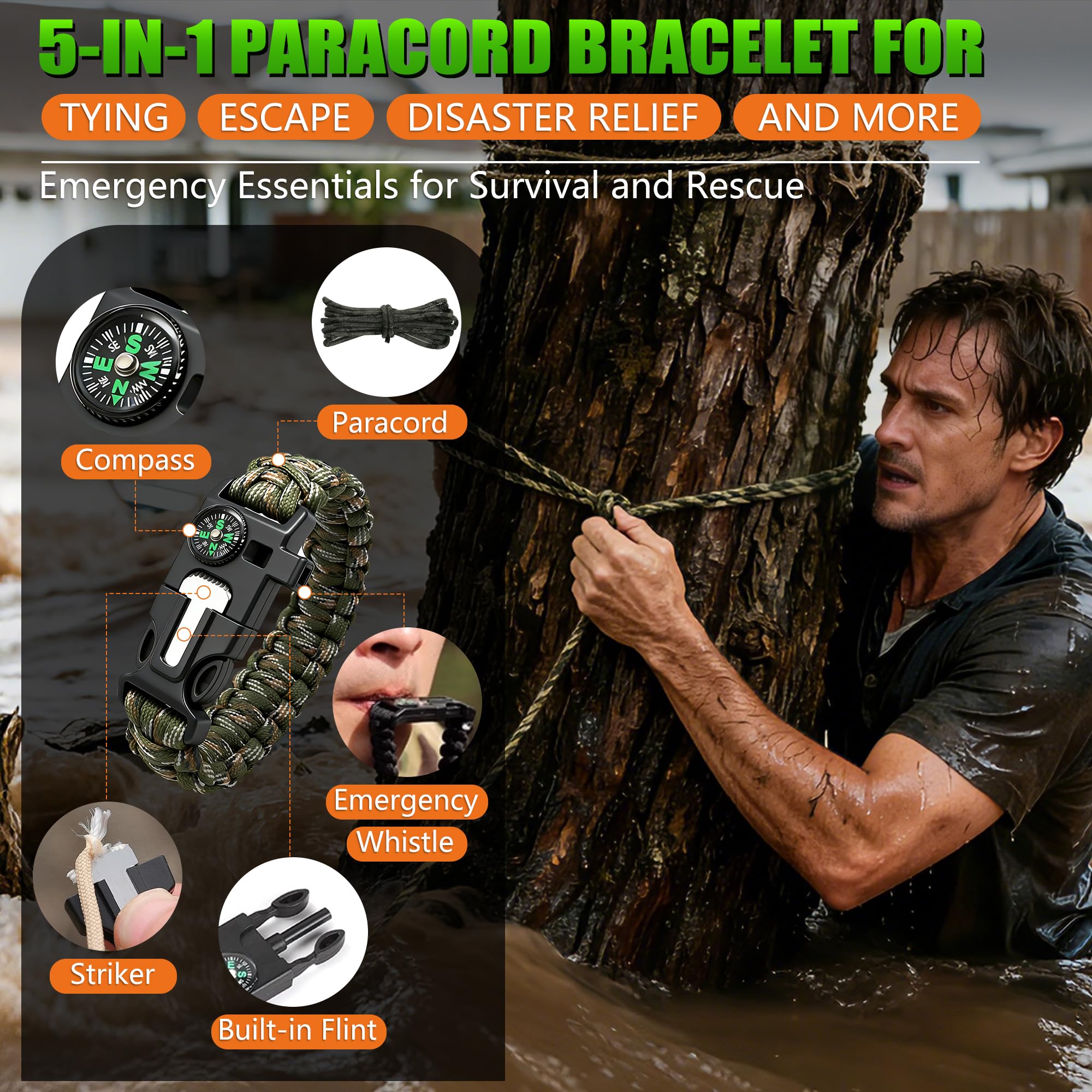 Vokida 5-in-1 survival paracord bracelet includes compass and fire rod.