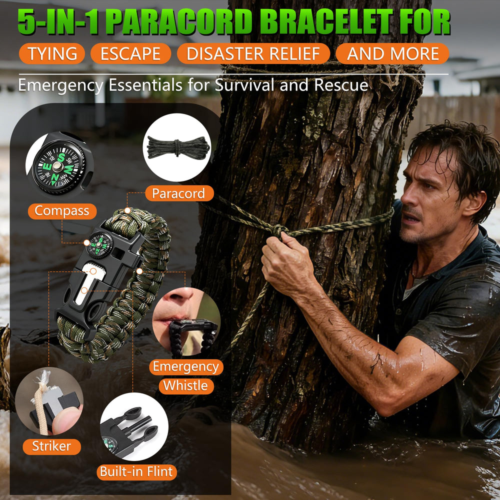 Vokida 5-in-1 survival paracord bracelet includes compass and fire rod.