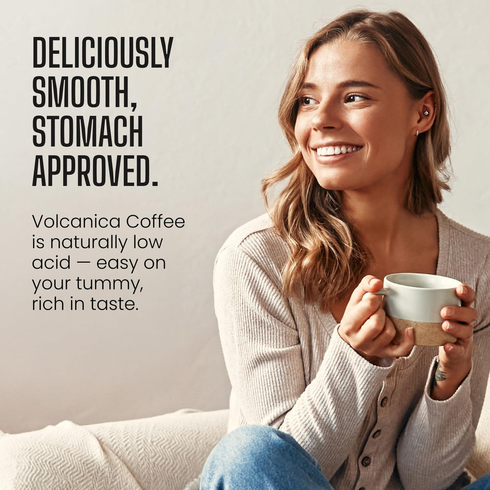 Volcanica Low Acid Coffee scoop releasing aroma for easy mornings