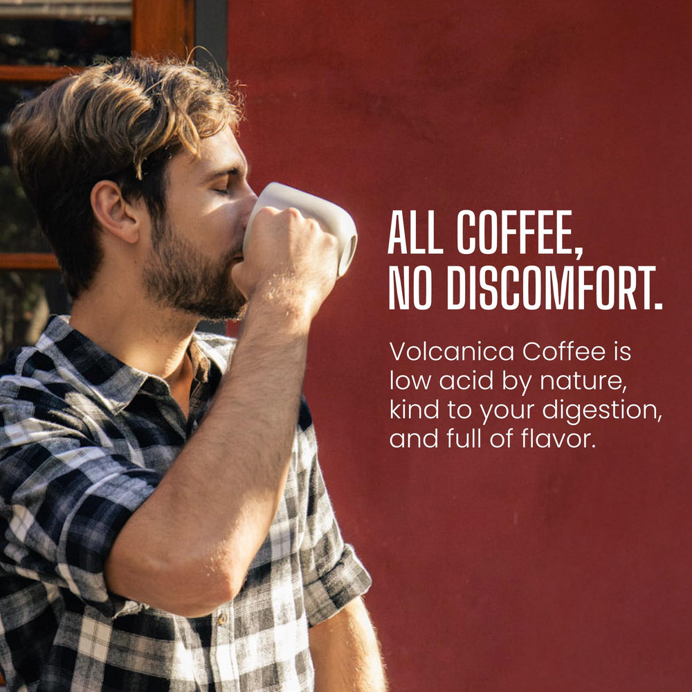Volcanica Low Acid Ground Coffee ready for a gentle brew