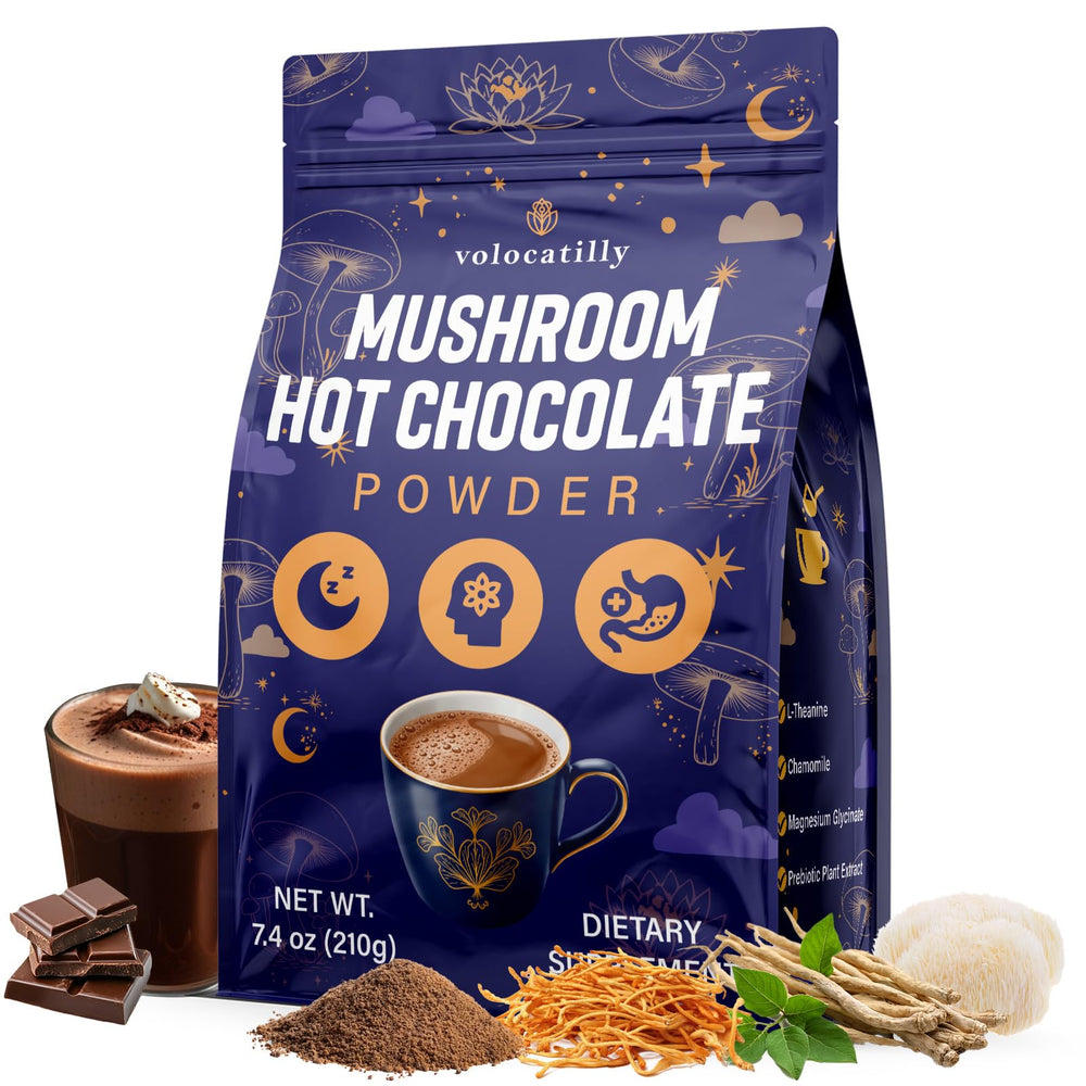 Volocatilly mushroom hot cocoa packaging front highlighting vegan, gluten-free formula.