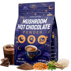Volocatilly mushroom hot cocoa packaging front highlighting vegan, gluten-free formula.