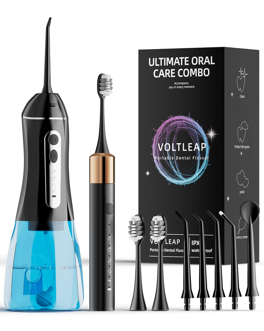 VOLTLEAP electric toothbrush with water flosser kit on bathroom counter for daily care.