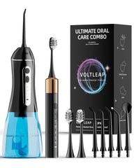 VOLTLEAP electric toothbrush with water flosser kit on bathroom counter for daily care.
