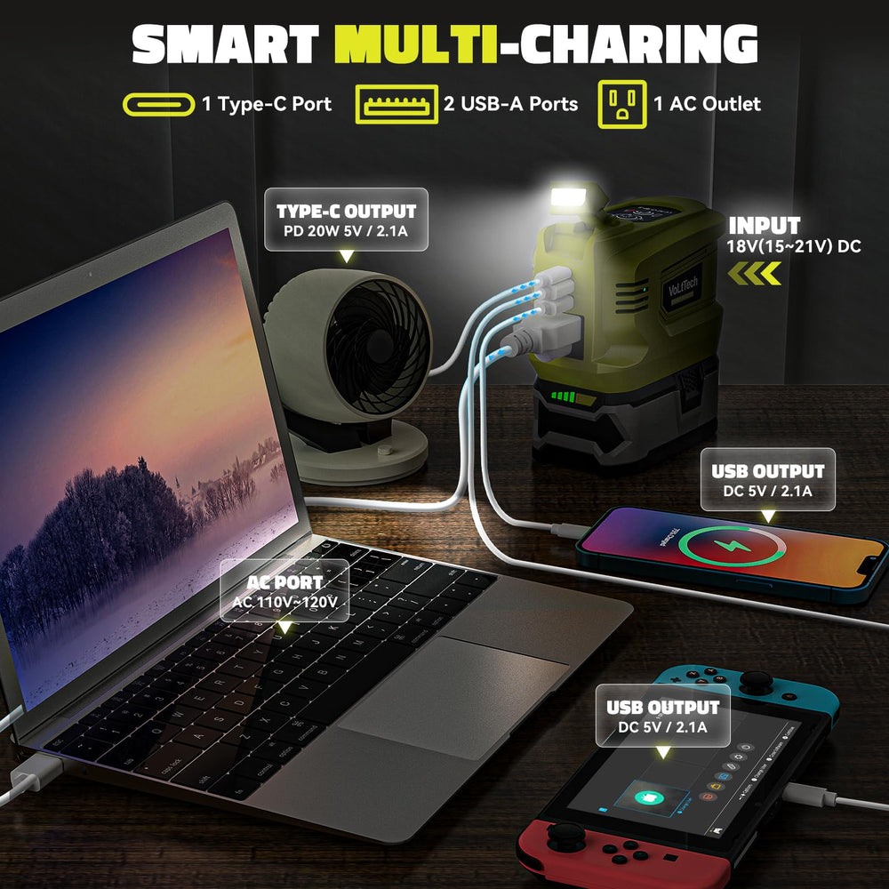 VoLtTech USB ports enable quick charging for phones and tablets.
