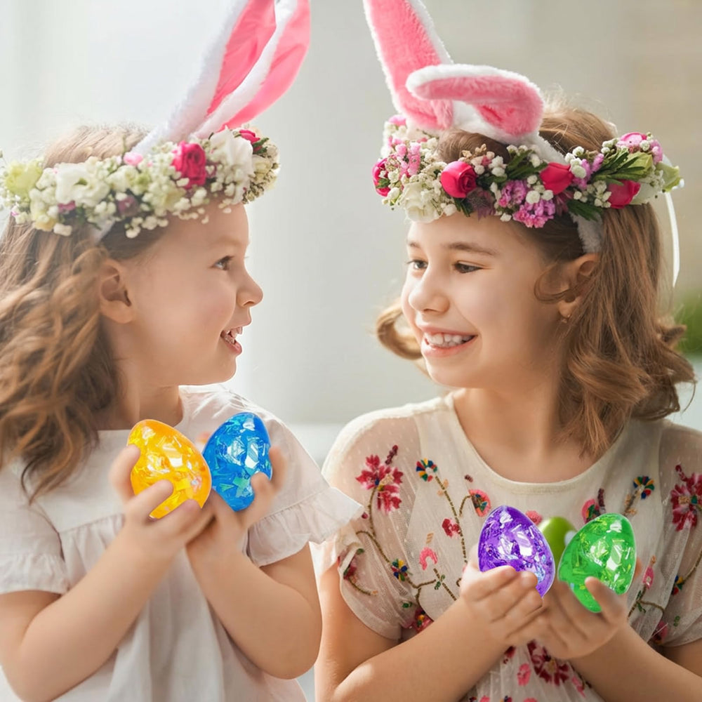 VOMAOK Easter egg stress ball with glitter filler, catches light for added excitement.