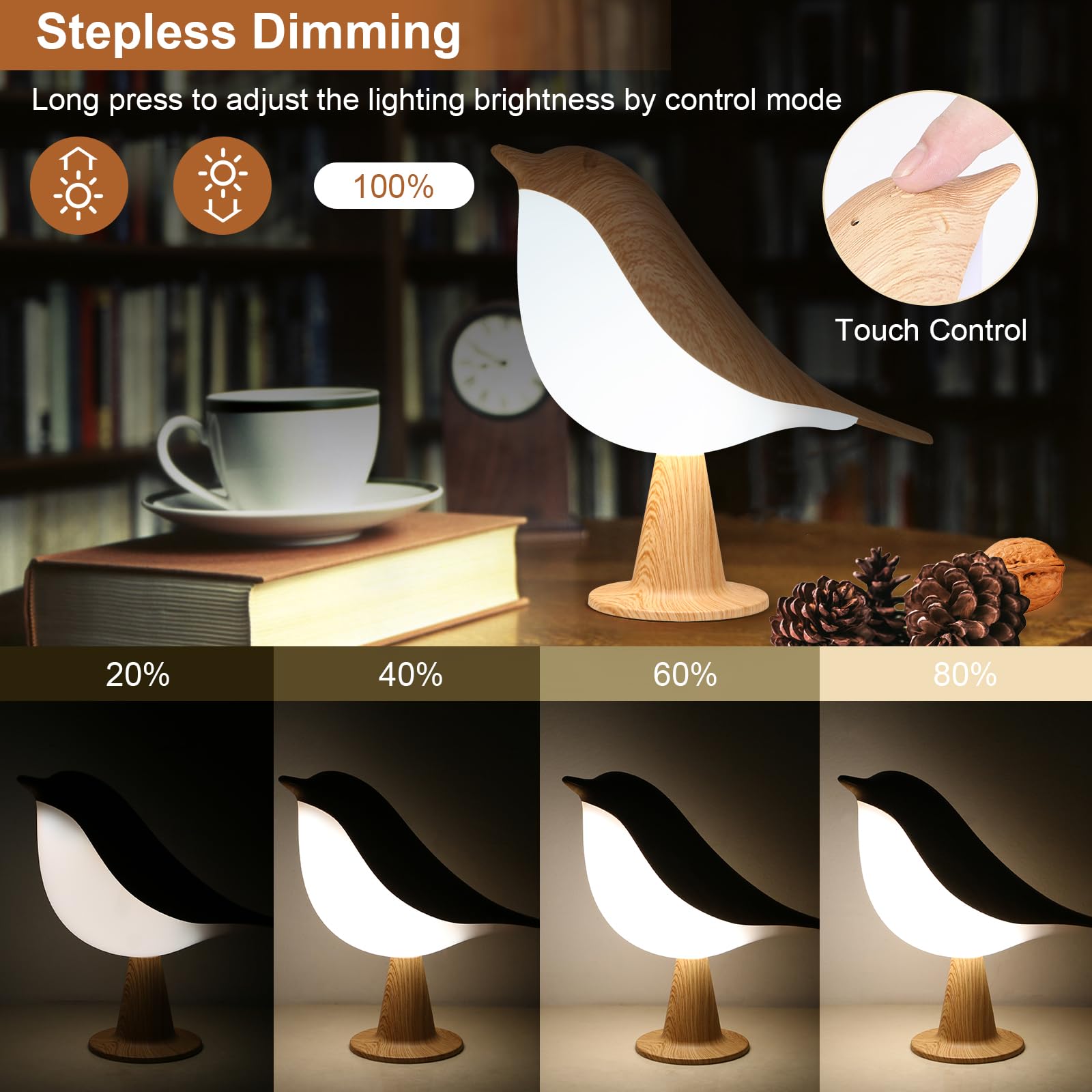 VoMii Bird Desk Lamp with wood-grain finish adds warm décor to any room.