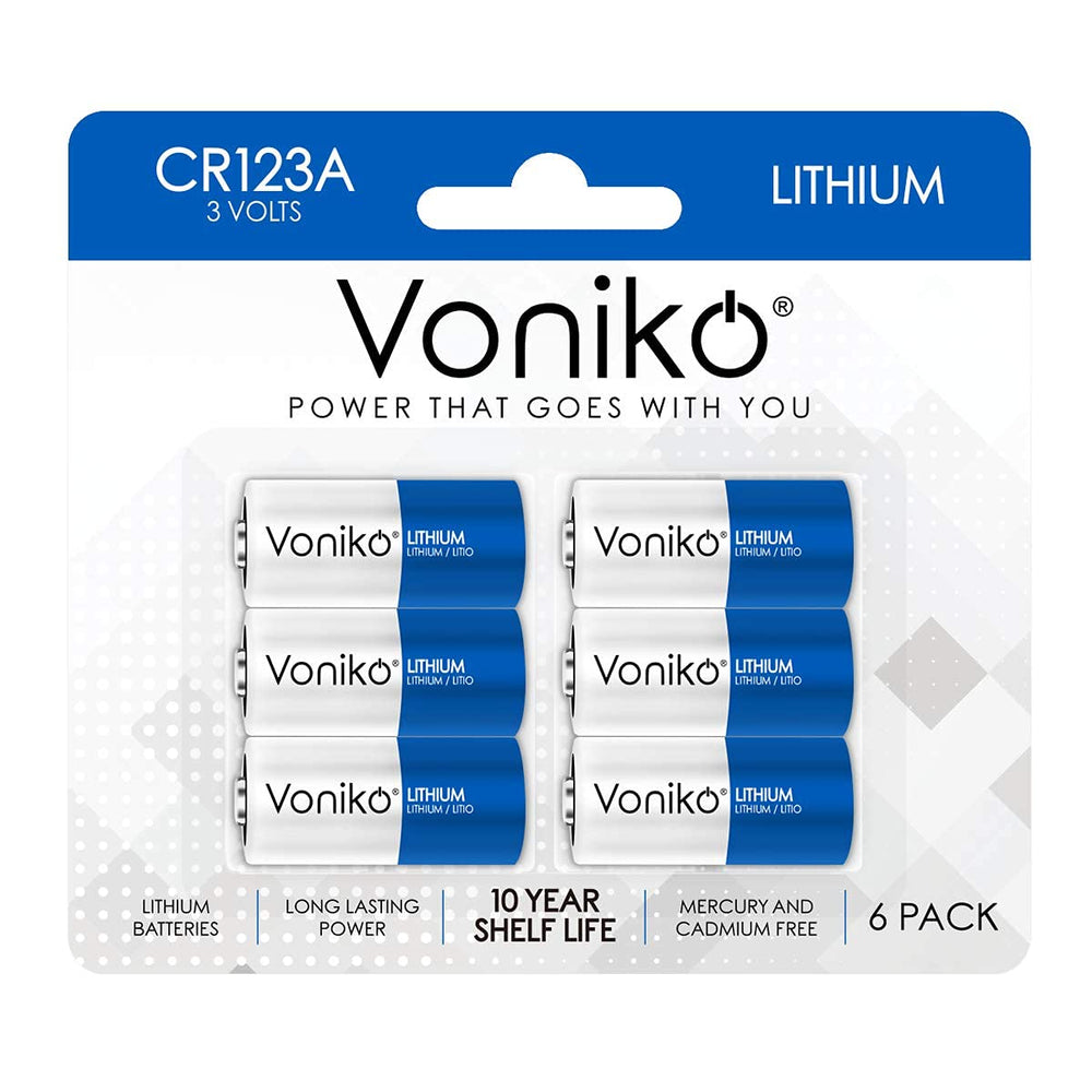 Voniko CR123A batteries pack front view for reliable power in cameras and flashlights.