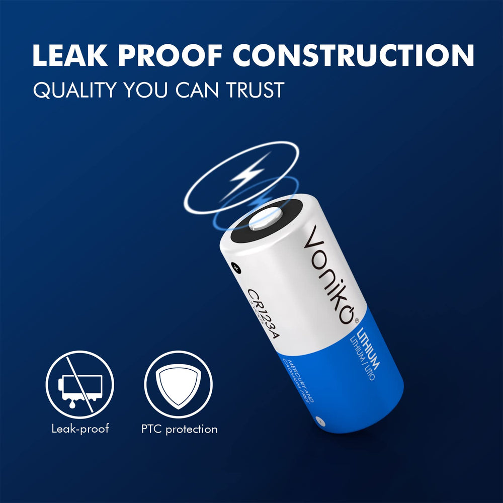 Voniko CR123A batteries side view ready for everyday high-drain devices.