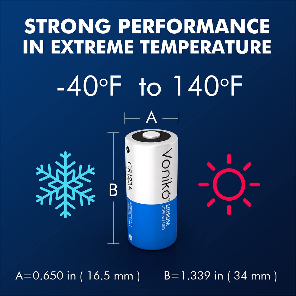Voniko CR123A battery illustration usage shows broad compatibility.
