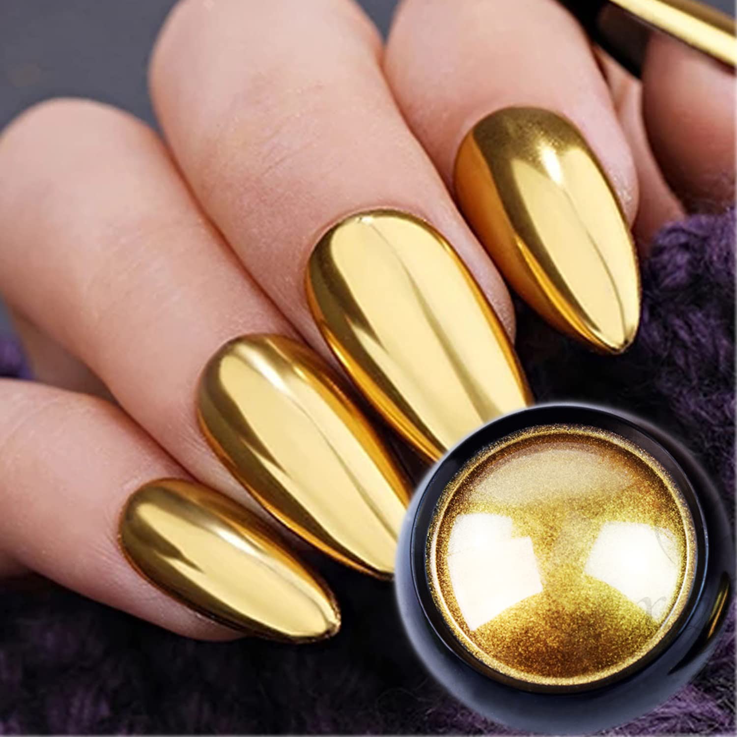 Vonrui gold chrome nail powder jar reflecting light for radiant nails.