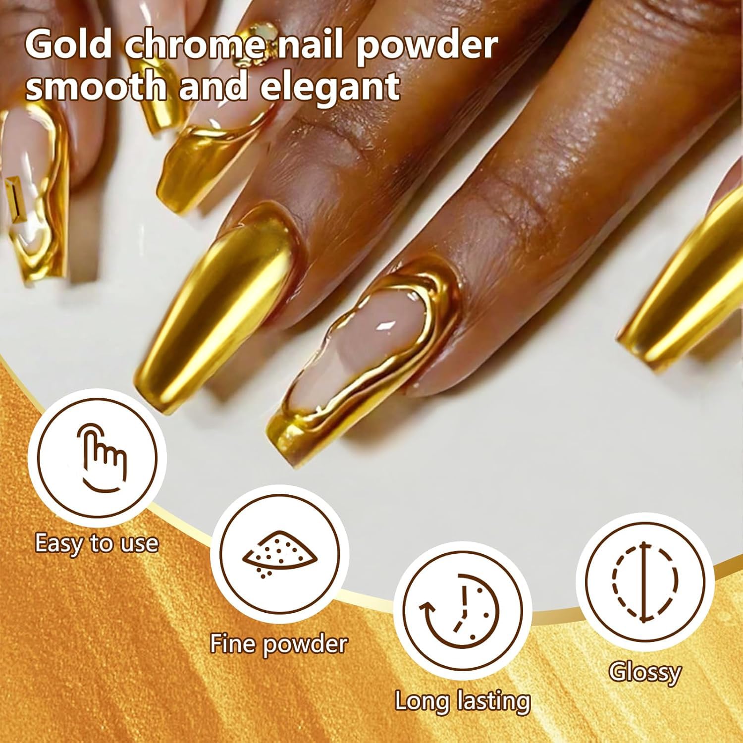 Vonrui natural nails with chrome powder for an everyday metallic look.