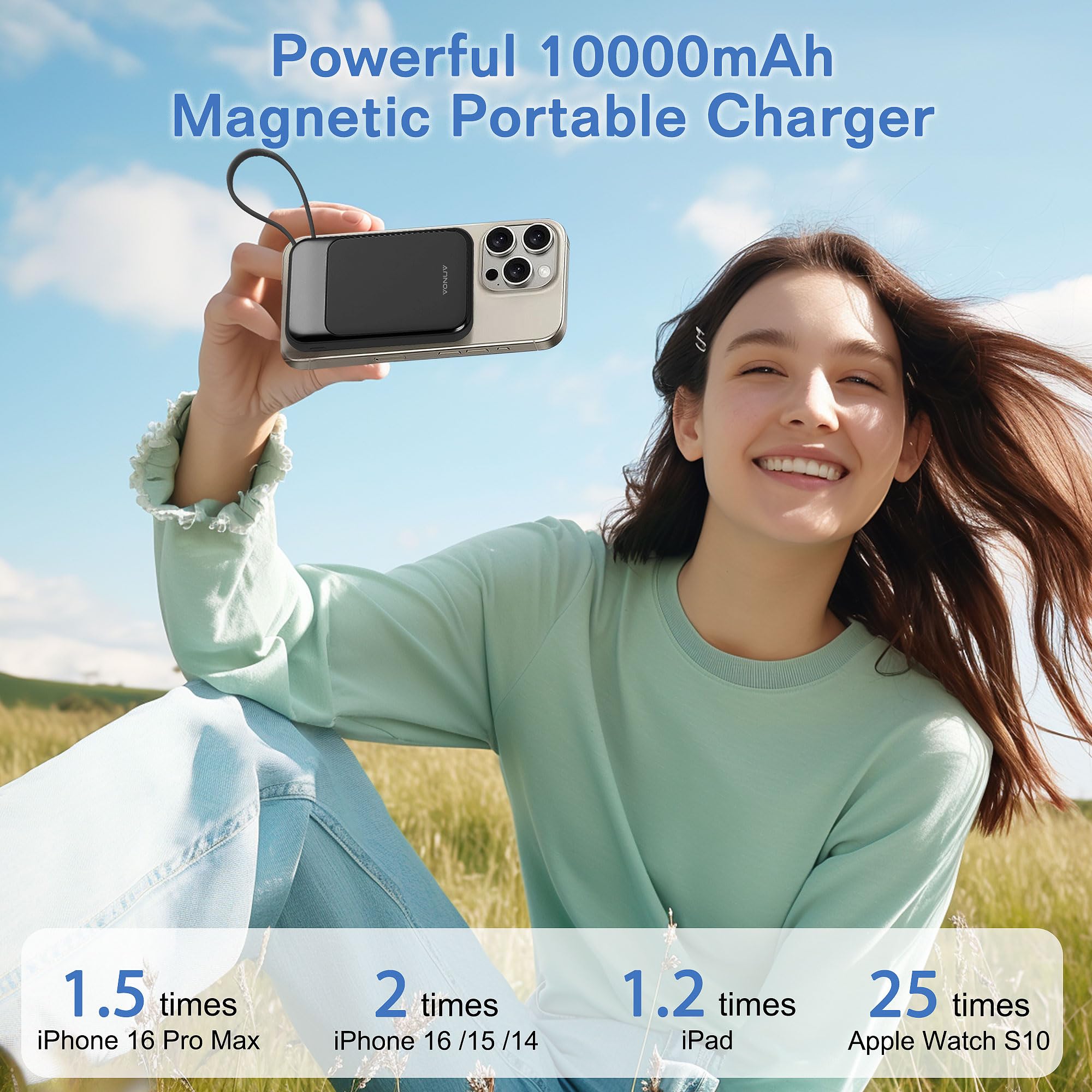 VONUV 22.5W PD fast charging with built-in USB-C cable for quick power on the go.