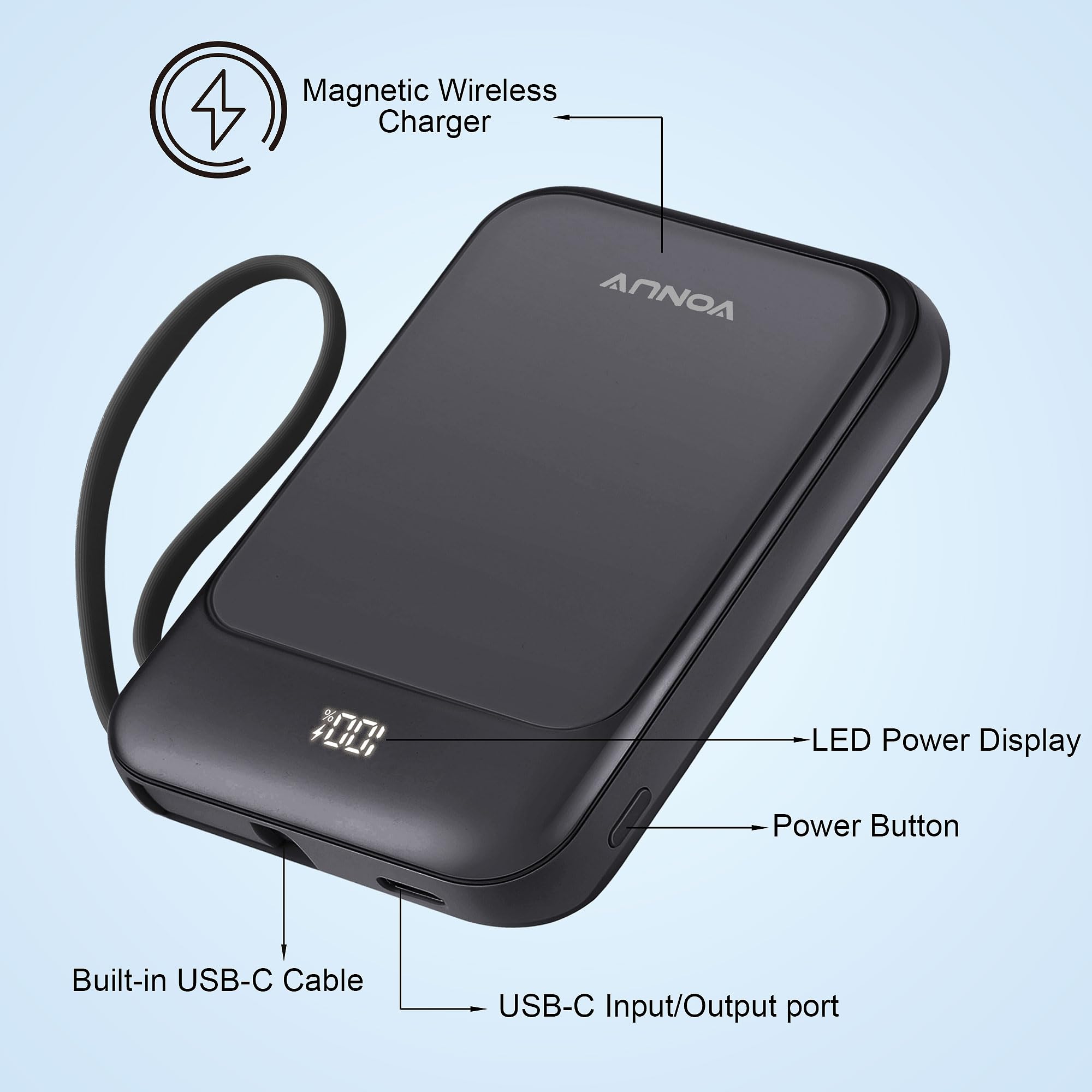 VONUV built-in USB-C cable design for universal convenience and tidy charging.