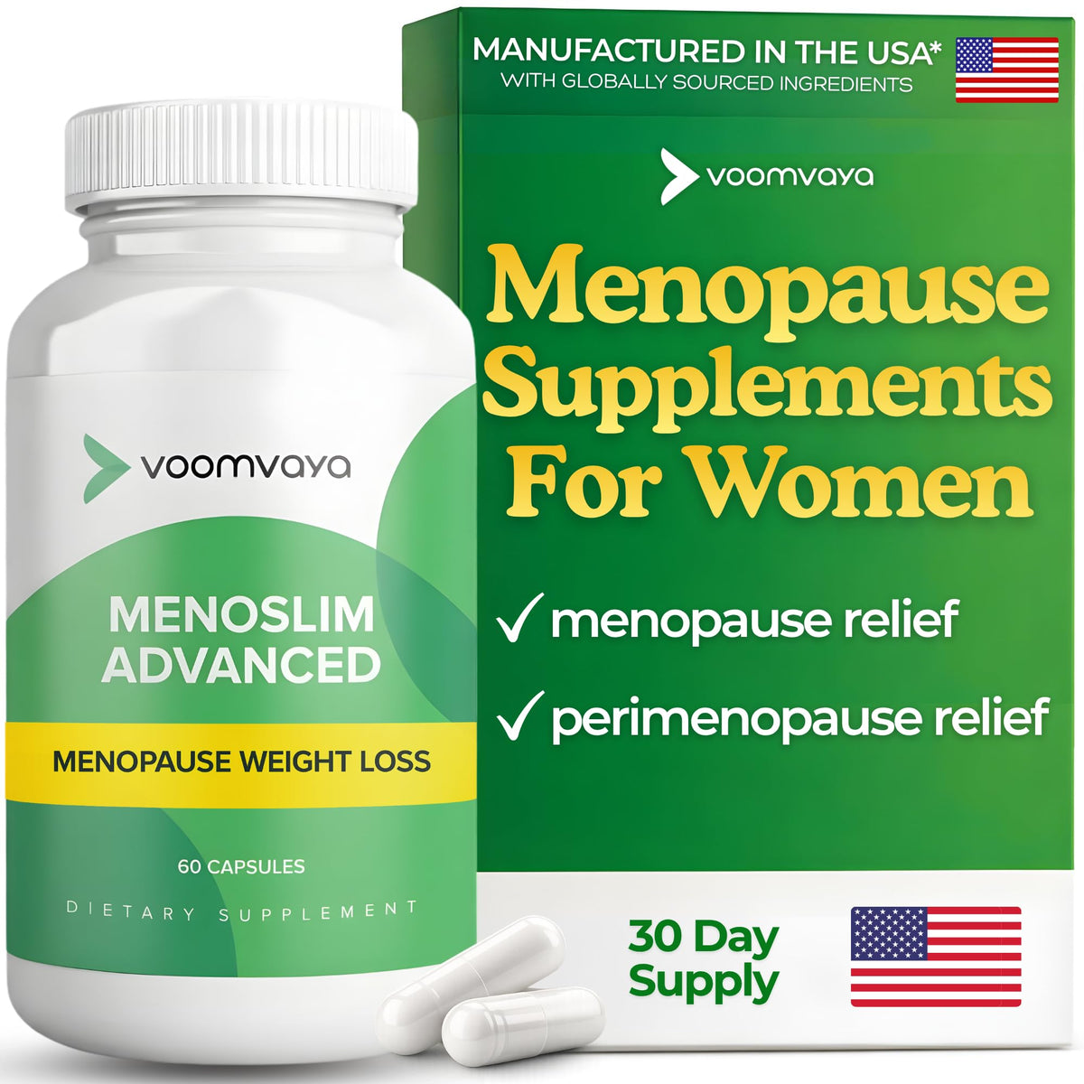 VoomVaya MenoSlim Advanced bottle front view supports menopause weight management.