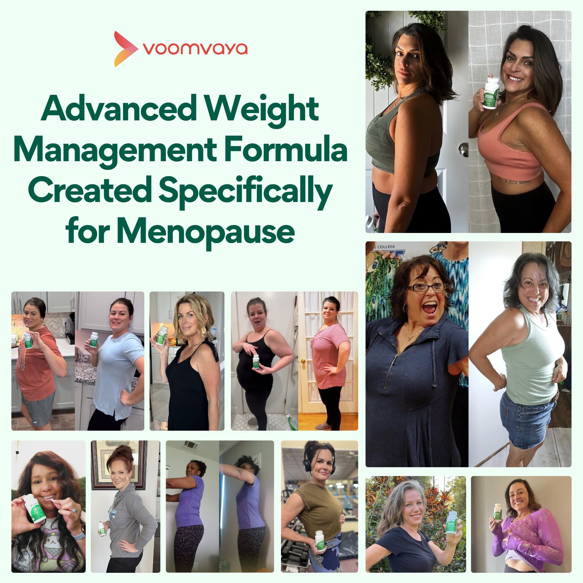 VoomVaya MenoSlim Advanced bottle being poured for convenient daily use.