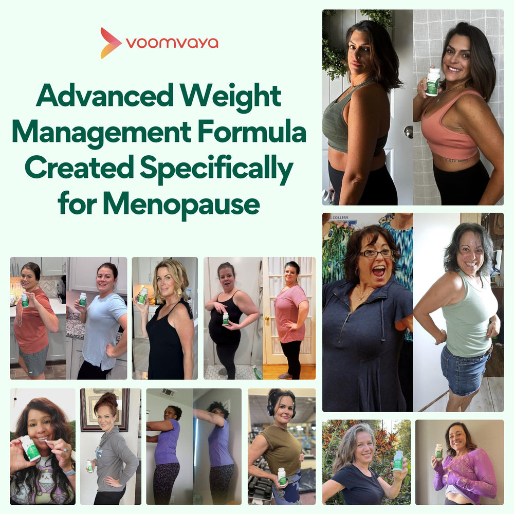 VoomVaya MenoSlim Advanced bottle being poured for convenient daily use.