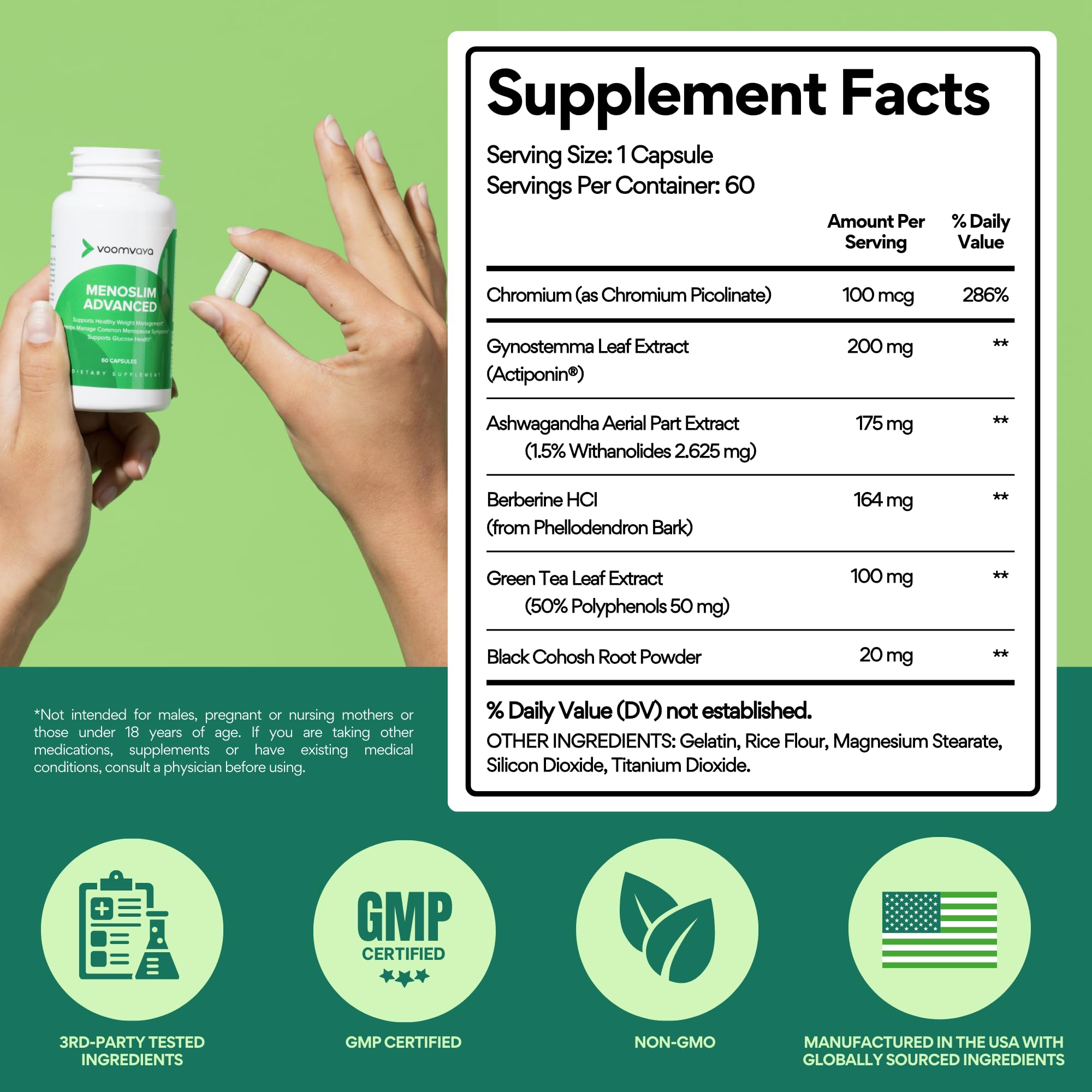 VoomVaya MenoSlim Advanced capsule in hand suggests daily intake.