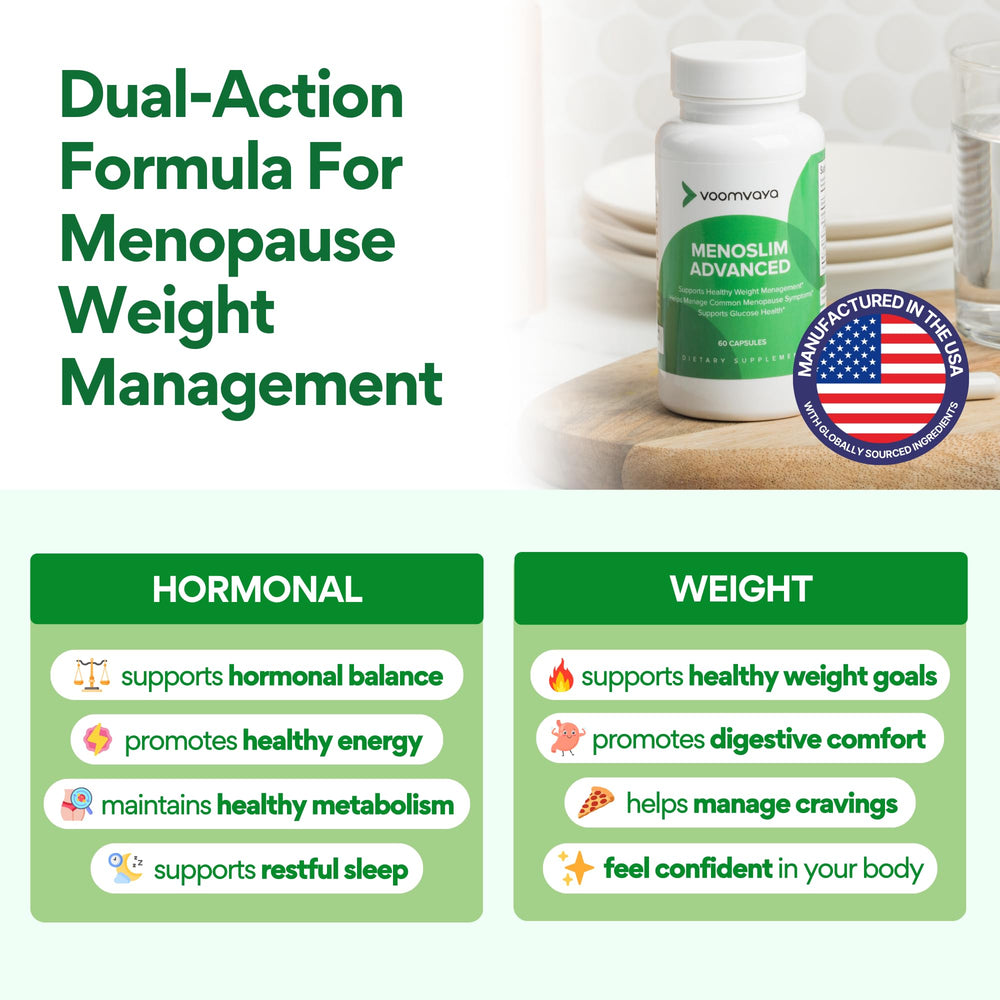 VoomVaya MenoSlim Advanced capsules close-up highlight natural botanicals.