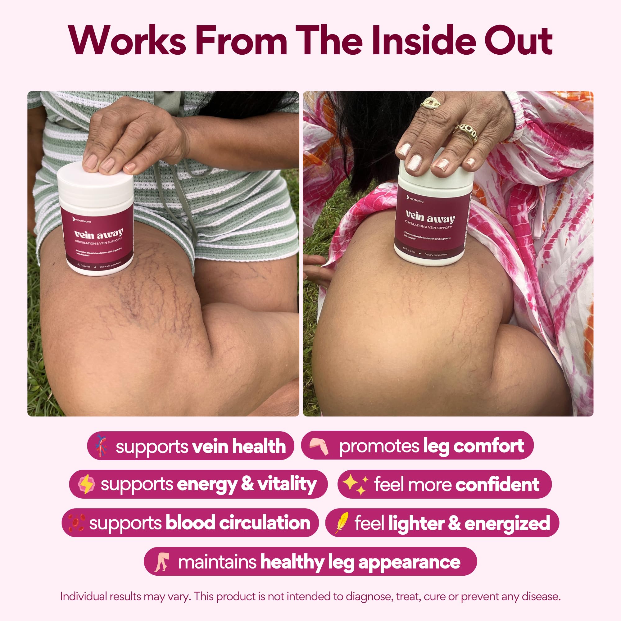 VoomVaya Vein Away bottle pour shows easy daily intake for circulation support.