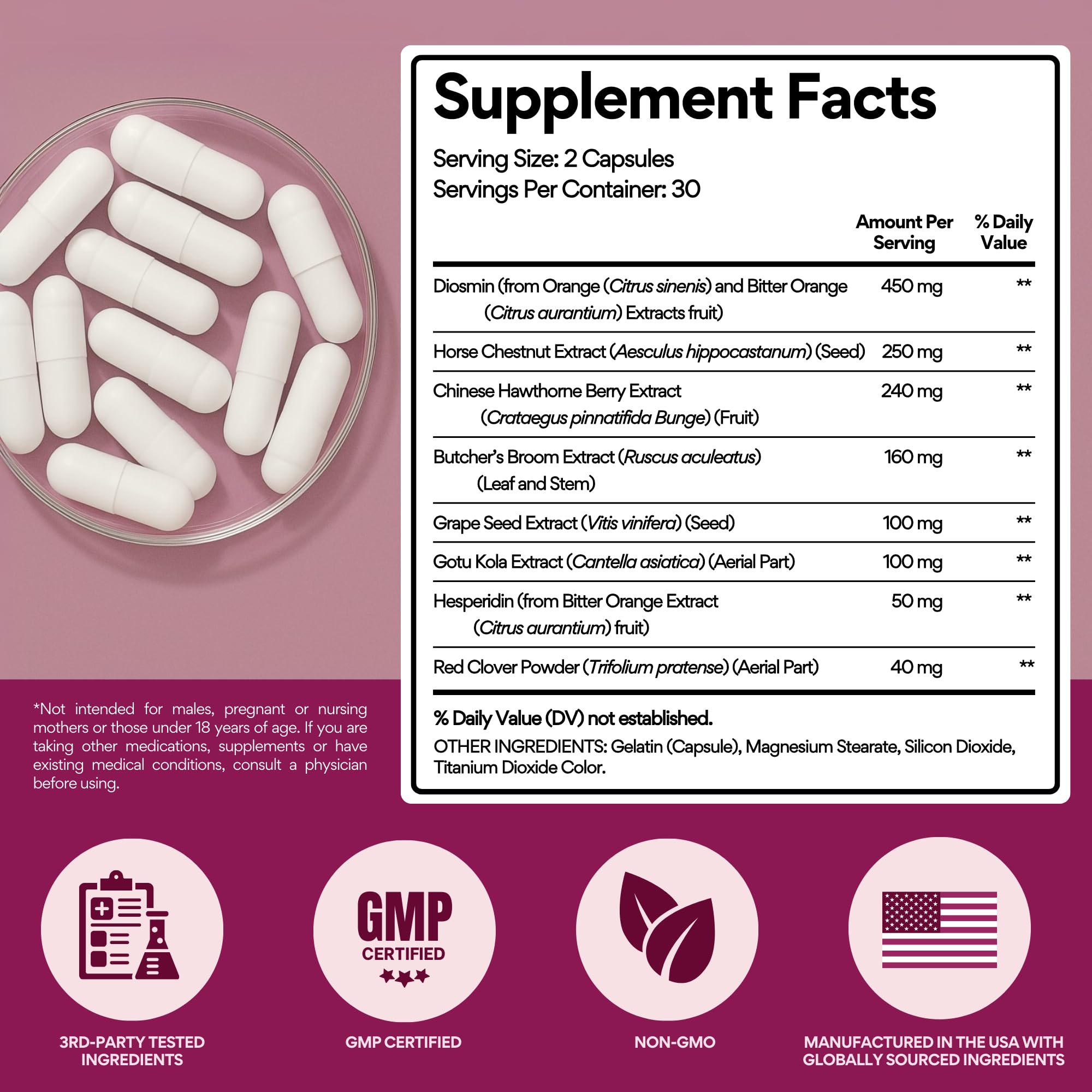 VoomVaya Vein Away natural ingredients scene highlighting key actives for circulation.
