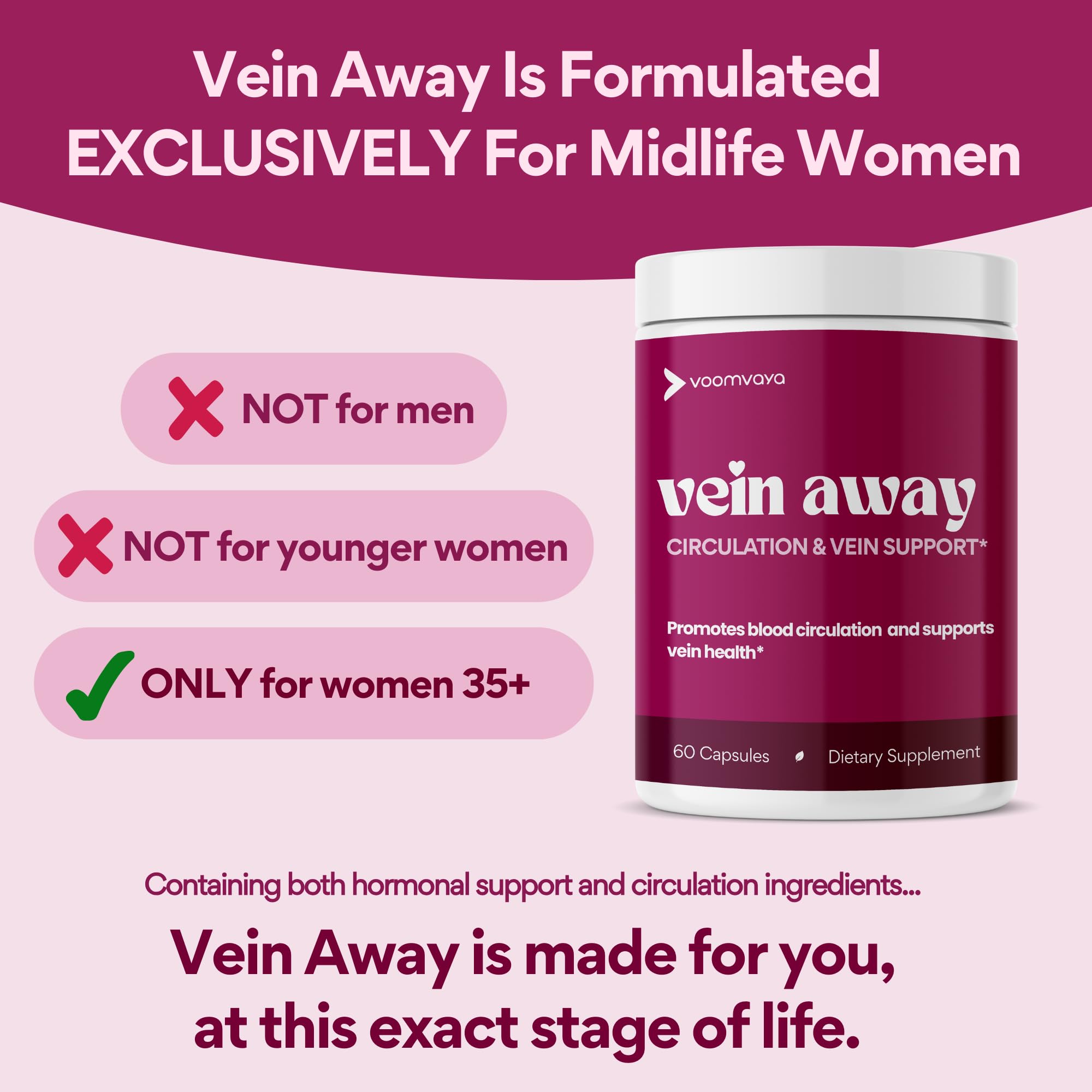 VoomVaya Vein Away tablets in hand suggesting simple daily routine.
