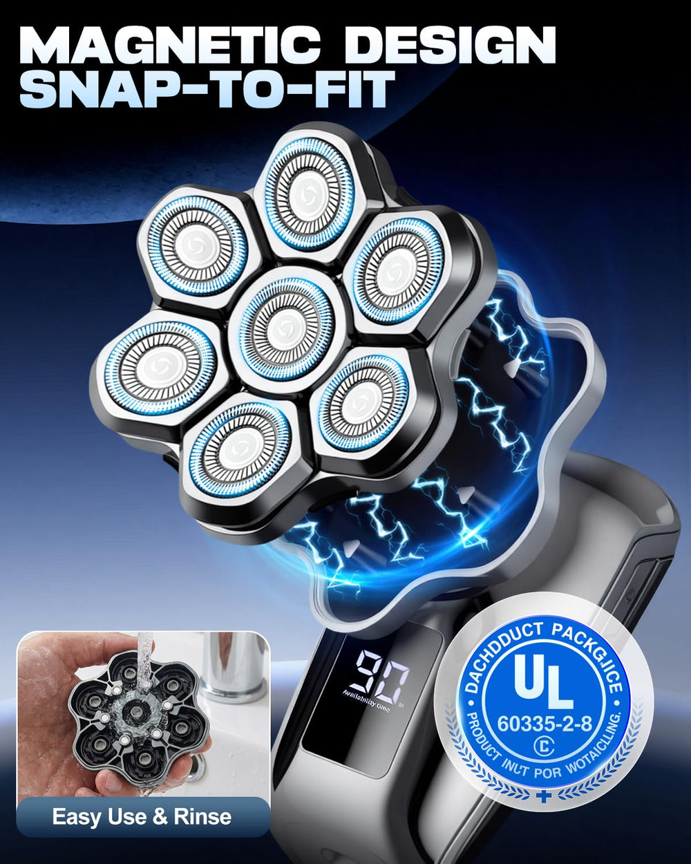 VOPH shaver with magnetic detachable head for quick, tool-free cleaning.